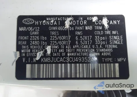 2012 Hyundai Tucson Gls z USA, uszkodzony, nr VIN KM8JUCAC3CU493524